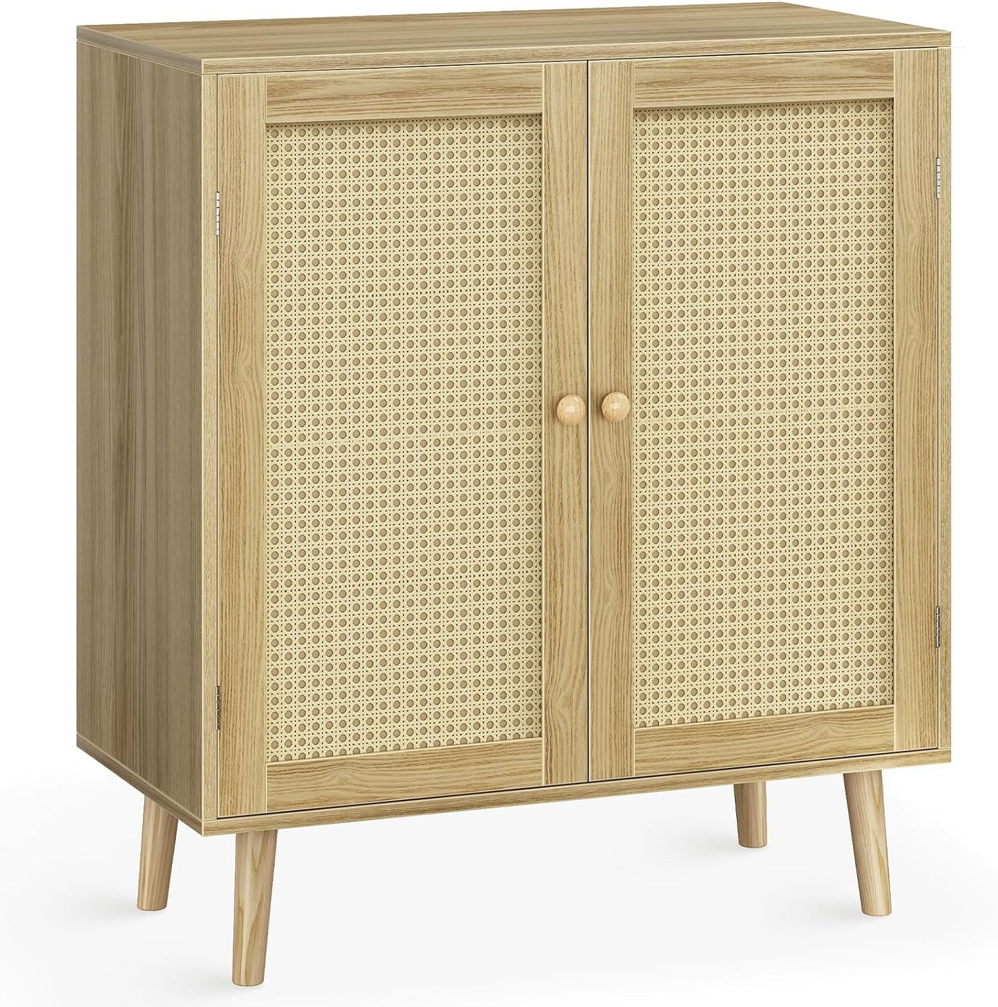 Buffet Cabinet with Storage, Storage Cabinet with PE Rattan Decor Doors, Accent Cabinet with Solid Wood Feet, Sideboard Cabinet for Hallway, Entry, Living Room, Natural-0