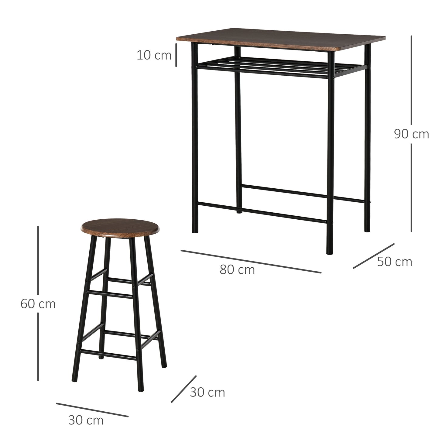 Bar Table Set, Bar Set-1 Bar Table and 2 Stools with Metal Frame Footrest and Storage Shelf, for Kitchen, Dining Room, Pub, Cafe, Black and Oak-2