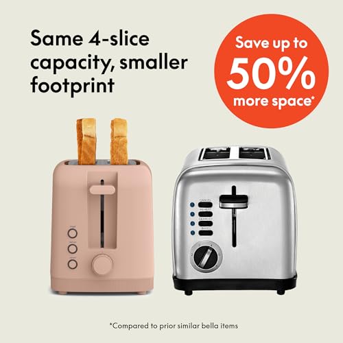 bella 2 Slice Slim Toaster, Fits-anywhere™ Kitchenware, 6 Setting Shade Control with Reheat & Cancel Buttons, Fits sourdough, 10” Long Slot, Anti Jam & Auto Shutoff, 900 Watt, Blossom