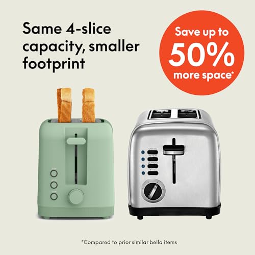 bella 2 Slice Slim Toaster, Fits-anywhere™ Kitchenware, 6 Setting Shade Control with Reheat & Cancel Buttons, Fits sourdough, 10” Long Slot, Anti Jam & Auto Shutoff, 900 Watt, Blossom