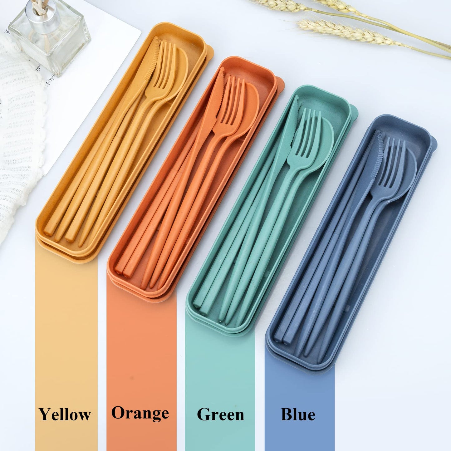 4 Sets Travel Utensils with Case, Cutlery Set Chopsticks Fork Spoon Knife with Case, Reusable Plastic Utensils Sets for Lunch Box Accessories,Portable Lunch Box Utensils Set for Daily Use