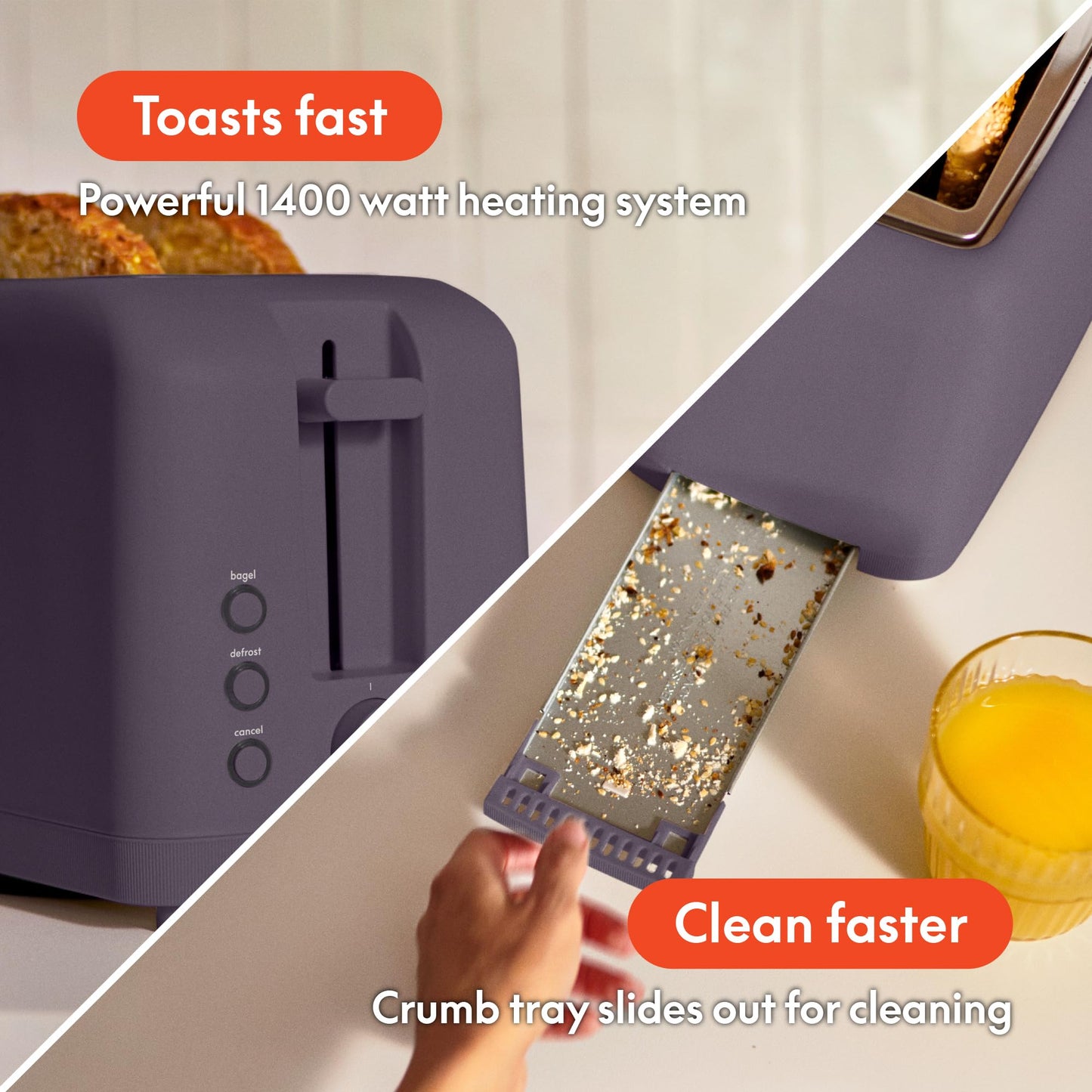 bella 2 Slice Slim Toaster, Fits-anywhere™ Kitchenware, 6 Setting Shade Control with Reheat & Cancel Buttons, Fits sourdough, 10” Long Slot, Anti Jam & Auto Shutoff, 900 Watt, Blossom
