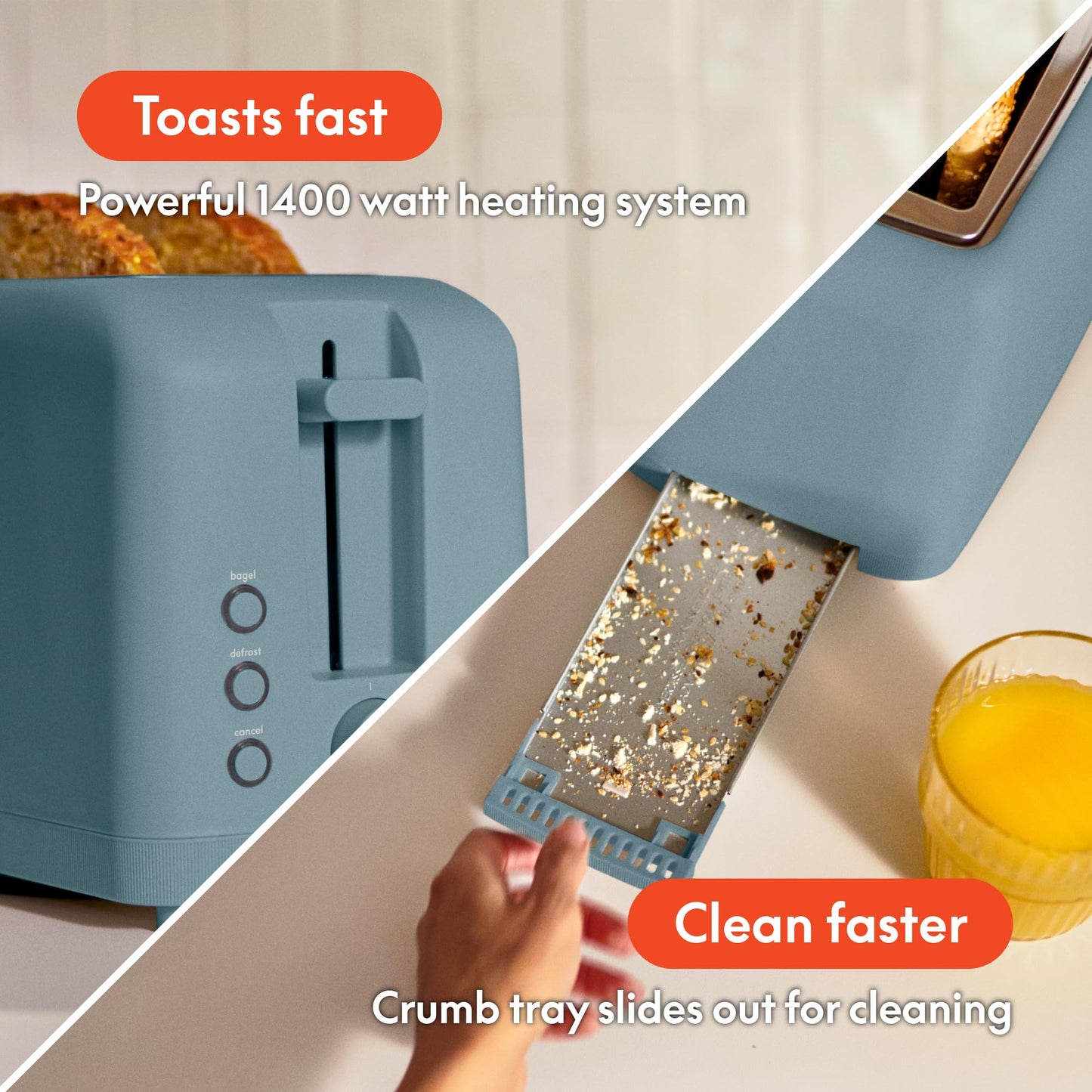 bella 2 Slice Slim Toaster, Fits-anywhere™ Kitchenware, 6 Setting Shade Control with Reheat & Cancel Buttons, Fits sourdough, 10” Long Slot, Anti Jam & Auto Shutoff, 900 Watt, Blossom