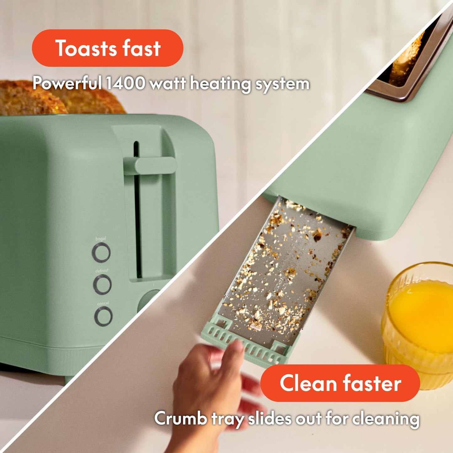 bella 2 Slice Slim Toaster, Fits-anywhere™ Kitchenware, 6 Setting Shade Control with Reheat & Cancel Buttons, Fits sourdough, 10” Long Slot, Anti Jam & Auto Shutoff, 900 Watt, Blossom