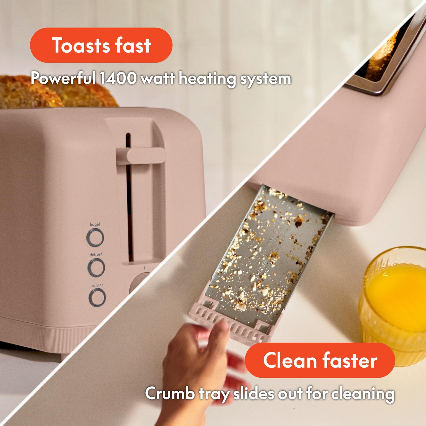 bella 2 Slice Slim Toaster, Fits-anywhere™ Kitchenware, 6 Setting Shade Control with Reheat & Cancel Buttons, Fits sourdough, 10” Long Slot, Anti Jam & Auto Shutoff, 900 Watt, Blossom