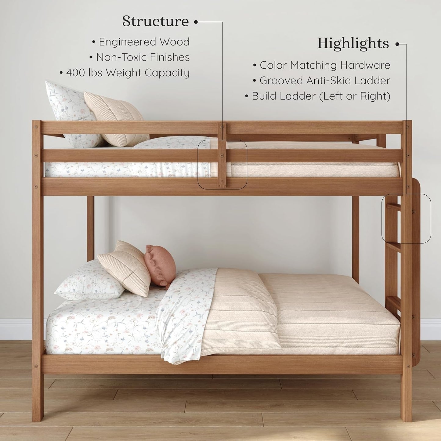 EngineeredWood TwinOverTwin Bunk With Ladder Oak Finish-2