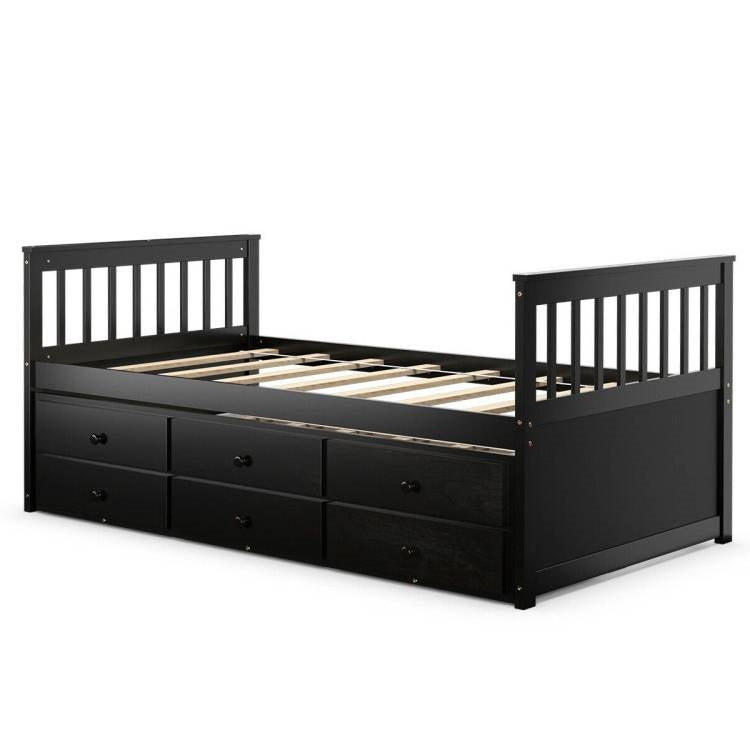 Twin Captains Bed with Pull Out Trundle and 3 Storage Drawers - Dark Brown Mocha-3