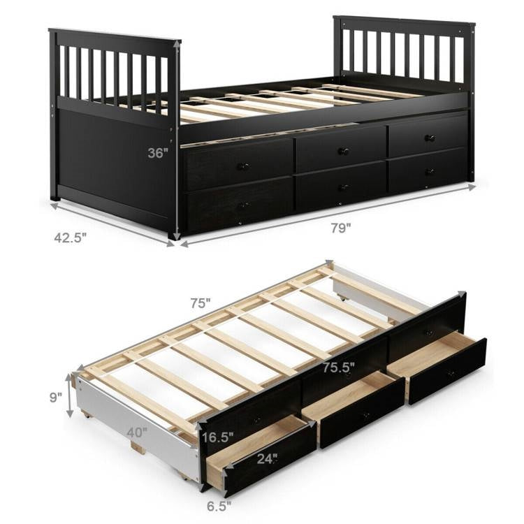 Twin Captains Bed with Pull Out Trundle and 3 Storage Drawers - Dark Brown Mocha-4