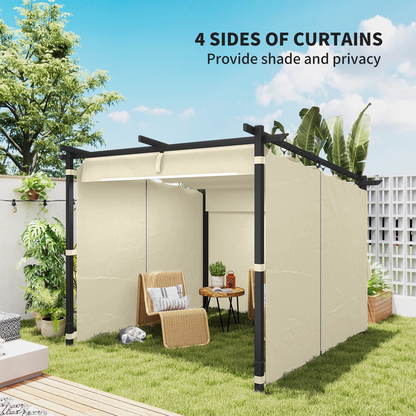 3 x 3 Metre Retractable Roof Pergola with Curtains - Beige-4