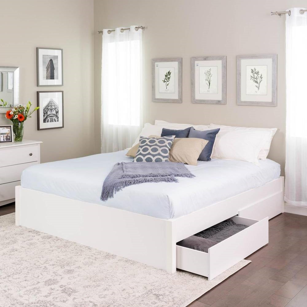 King Size 4 Drawer Storage White Wooden 4 Post Platform Bed Frame-1