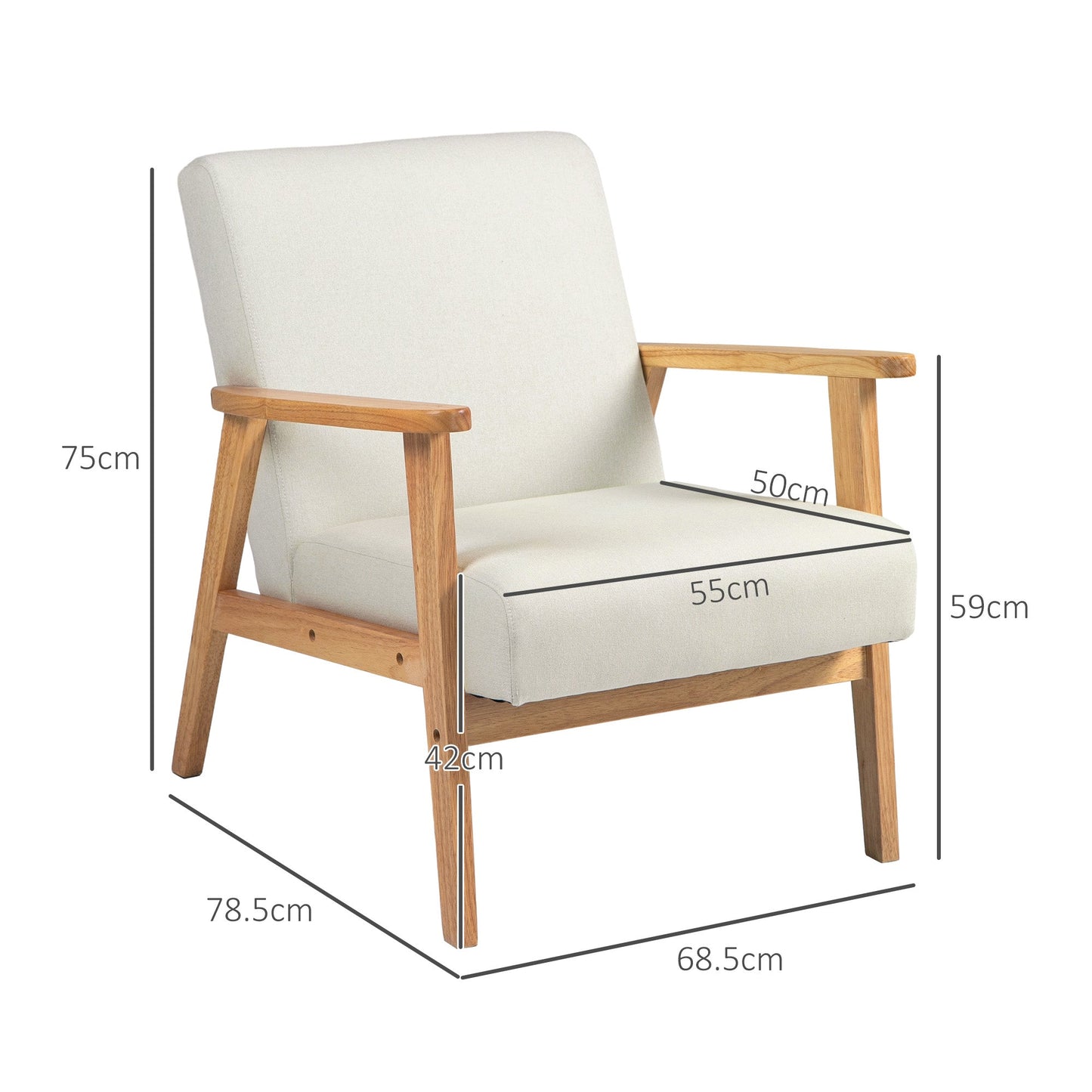 Fabric Accent Chair for Living Room, Arm Chair with Rubber Wood Frame and Padded Cushion, Cream White-2