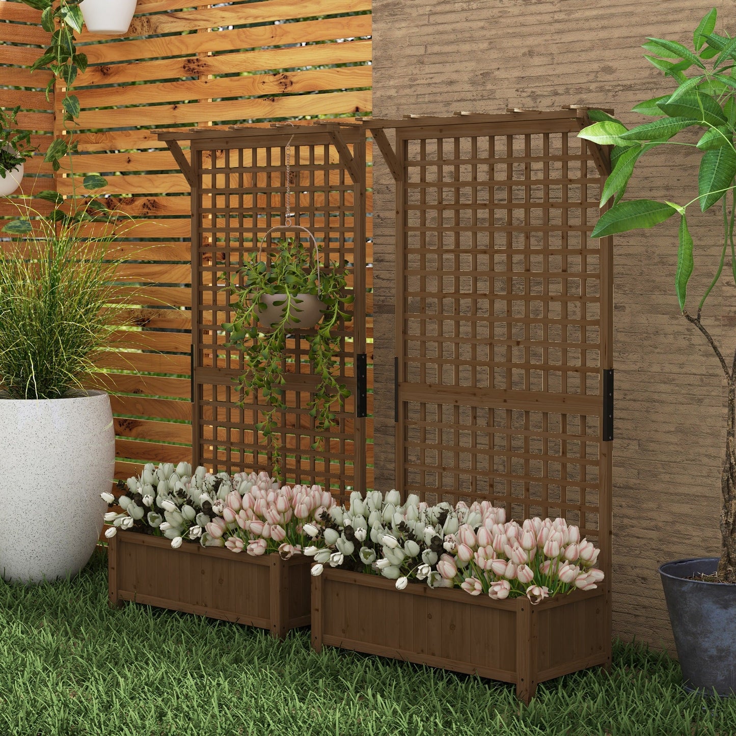 Set of 2 Raised Wood Planters with Trellis and Drainage Holes - Brown-1