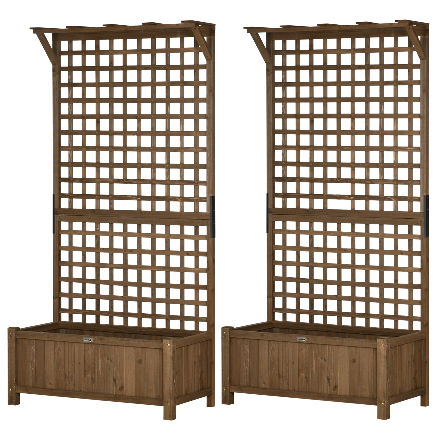 Set of 2 Raised Wood Planters with Trellis and Drainage Holes - Brown-0