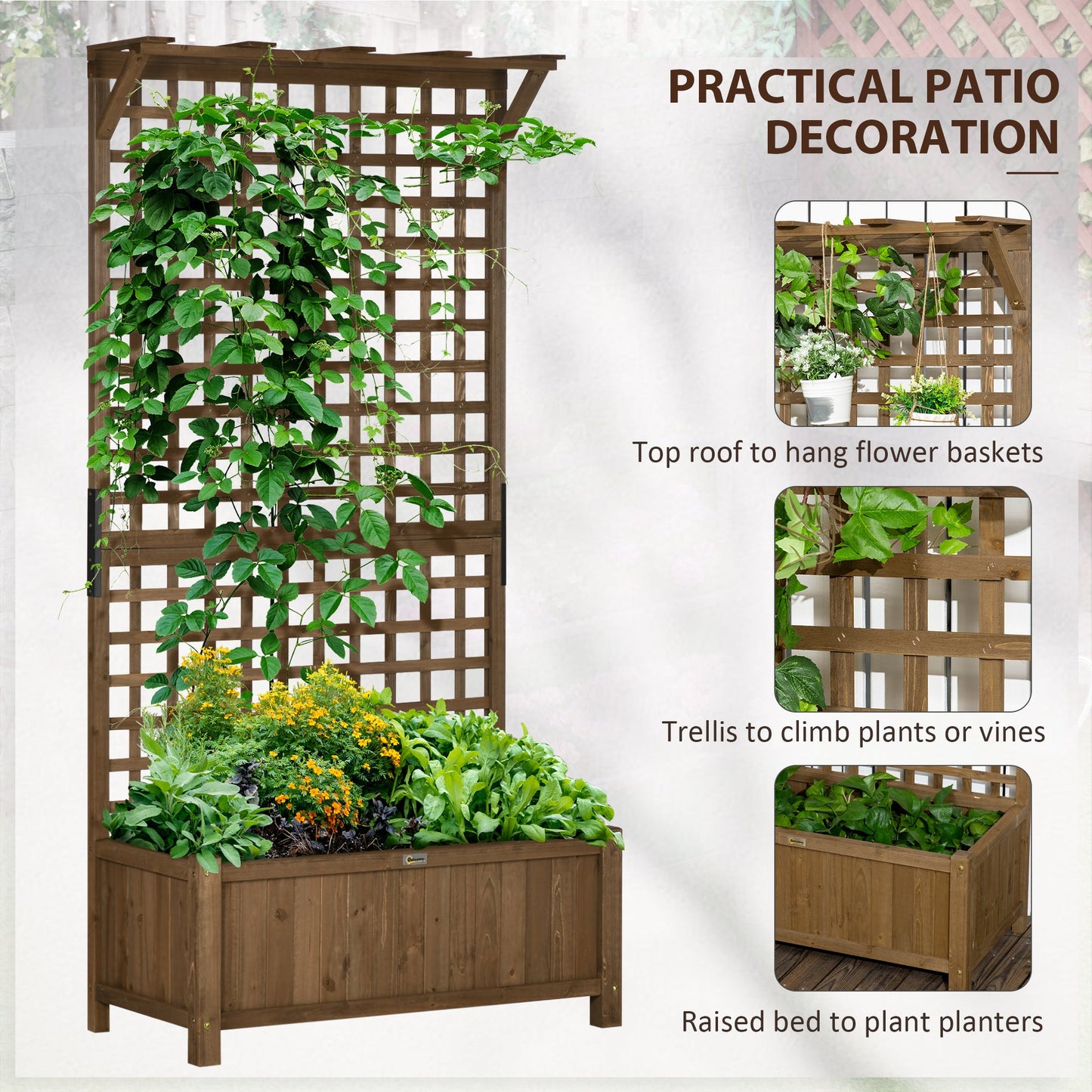 Set of 2 Raised Wood Planters with Trellis and Drainage Holes - Brown-3