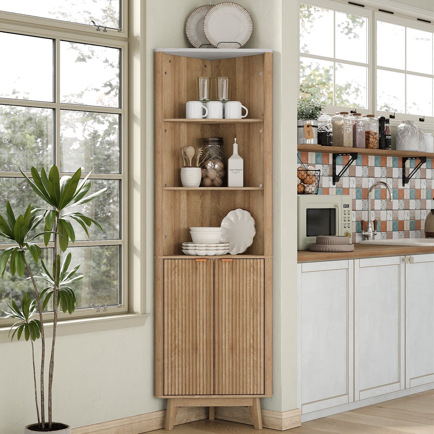 Yanosaku SC008 Tall Corner Cabinet for Bathroom, Fluted 6-Tier Storage Unit-2