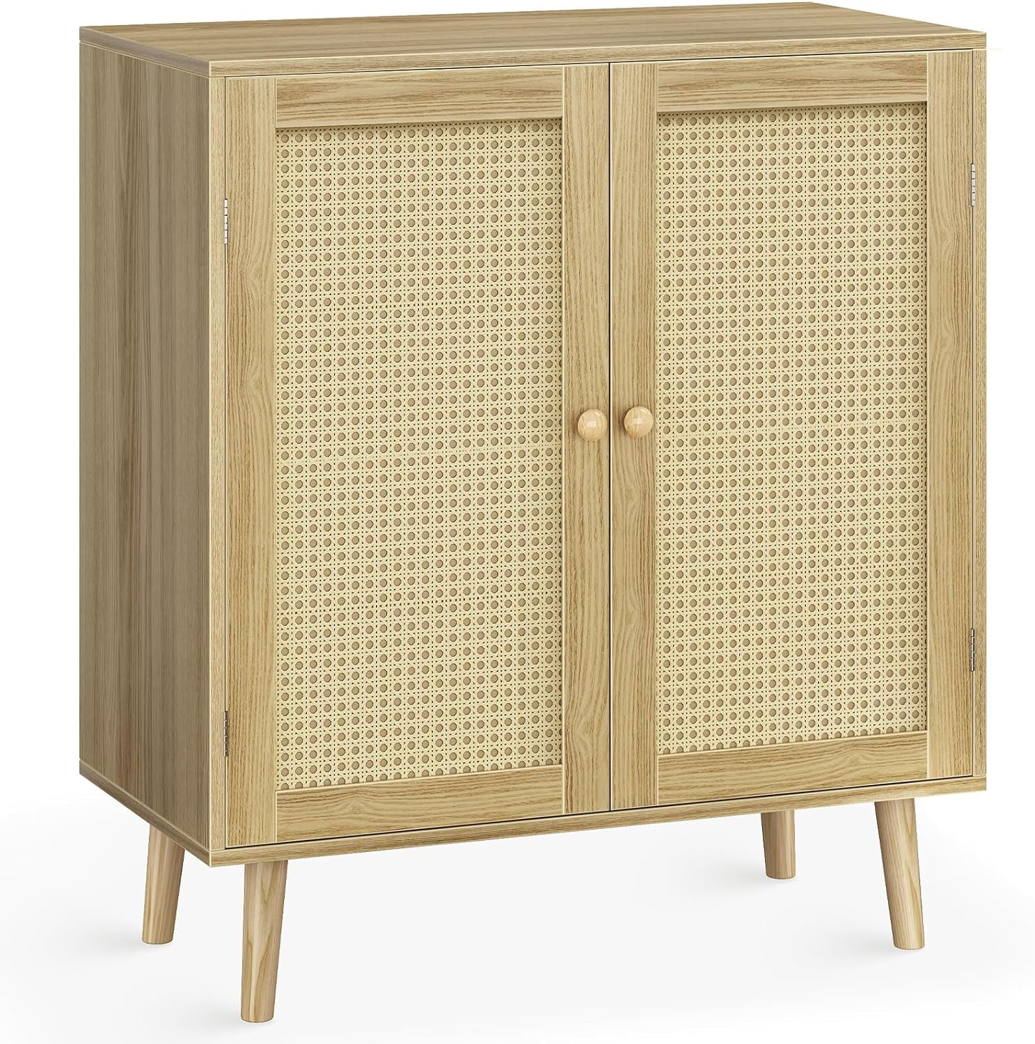 Buffet Cabinet with Storage, Storage Cabinet with PE Rattan Decor Doors, Accent Cabinet with Solid Wood Feet, Sideboard Cabinet for Hallway, Entry, Living Room, Natural-0