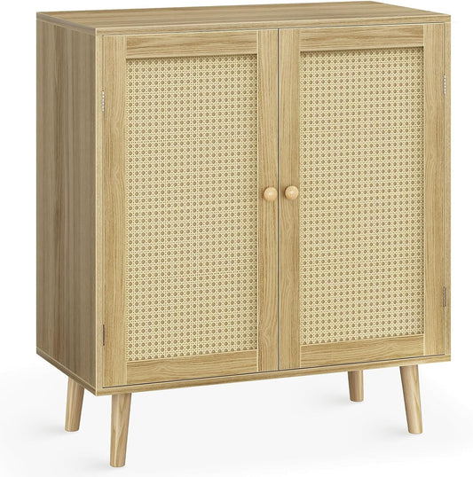 Buffet Cabinet with Storage, Storage Cabinet with PE Rattan Decor Doors, Accent Cabinet with Solid Wood Feet, Sideboard Cabinet for Hallway, Entry, Living Room, Natural-0