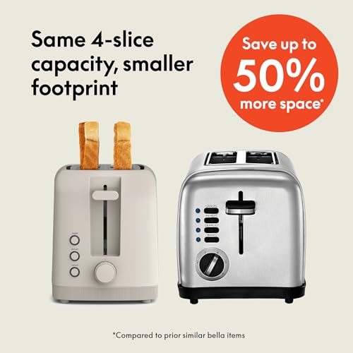 bella 2 Slice Slim Toaster, Fits-anywhere™ Kitchenware, 6 Setting Shade Control with Reheat & Cancel Buttons, Fits sourdough, 10” Long Slot, Anti Jam & Auto Shutoff, 900 Watt, Blossom