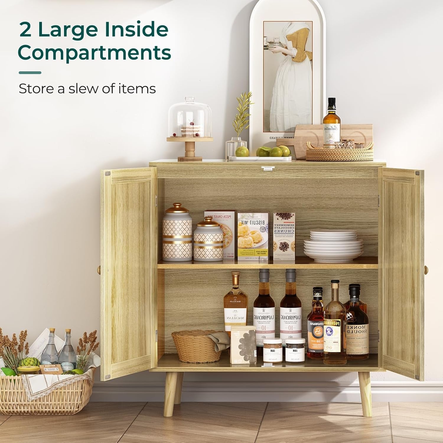Buffet Cabinet with Storage, Storage Cabinet with PE Rattan Decor Doors, Accent Cabinet with Solid Wood Feet, Sideboard Cabinet for Hallway, Entry, Living Room, Natural-4
