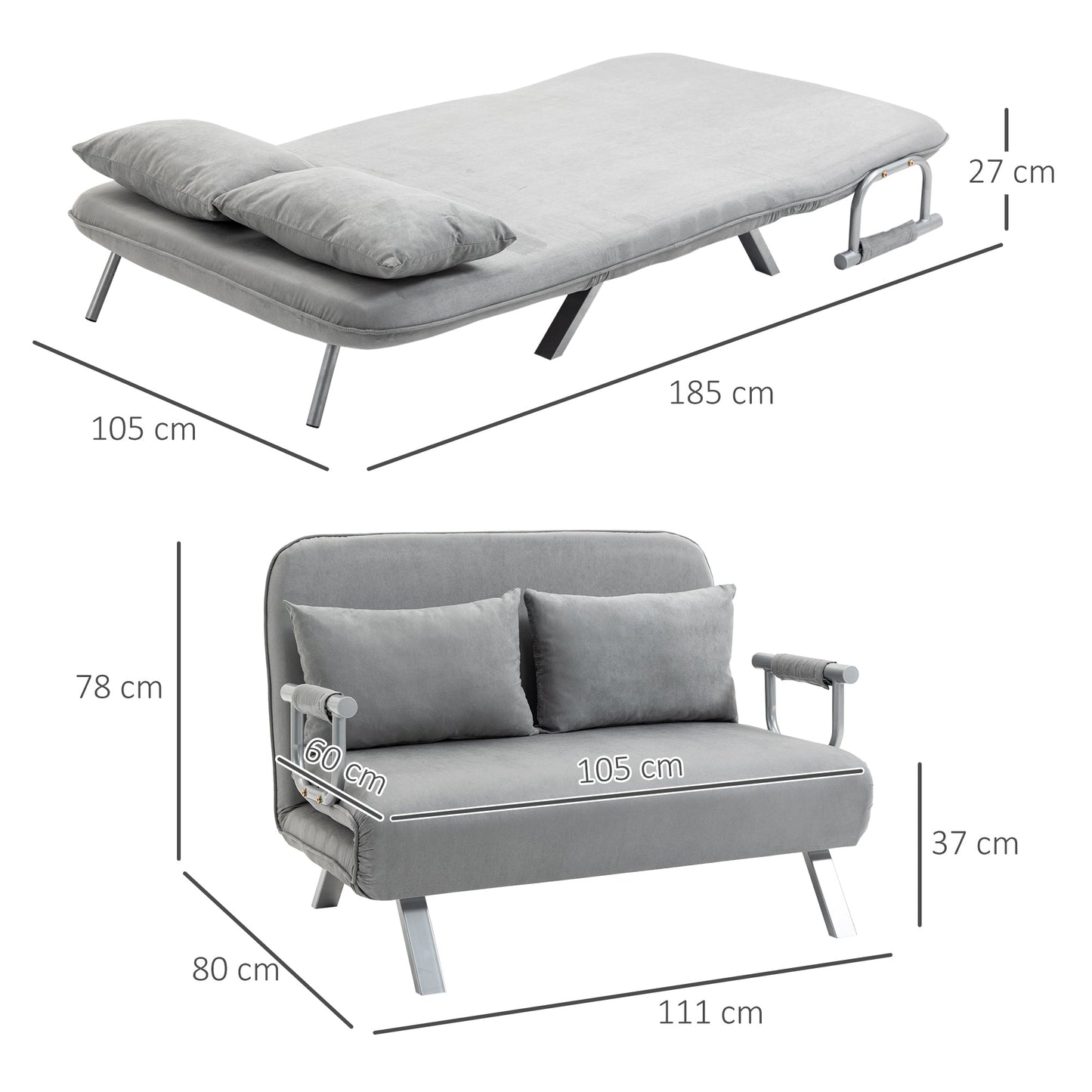 Two-Seater Click-Clack Sofa Bed - Light Grey-2