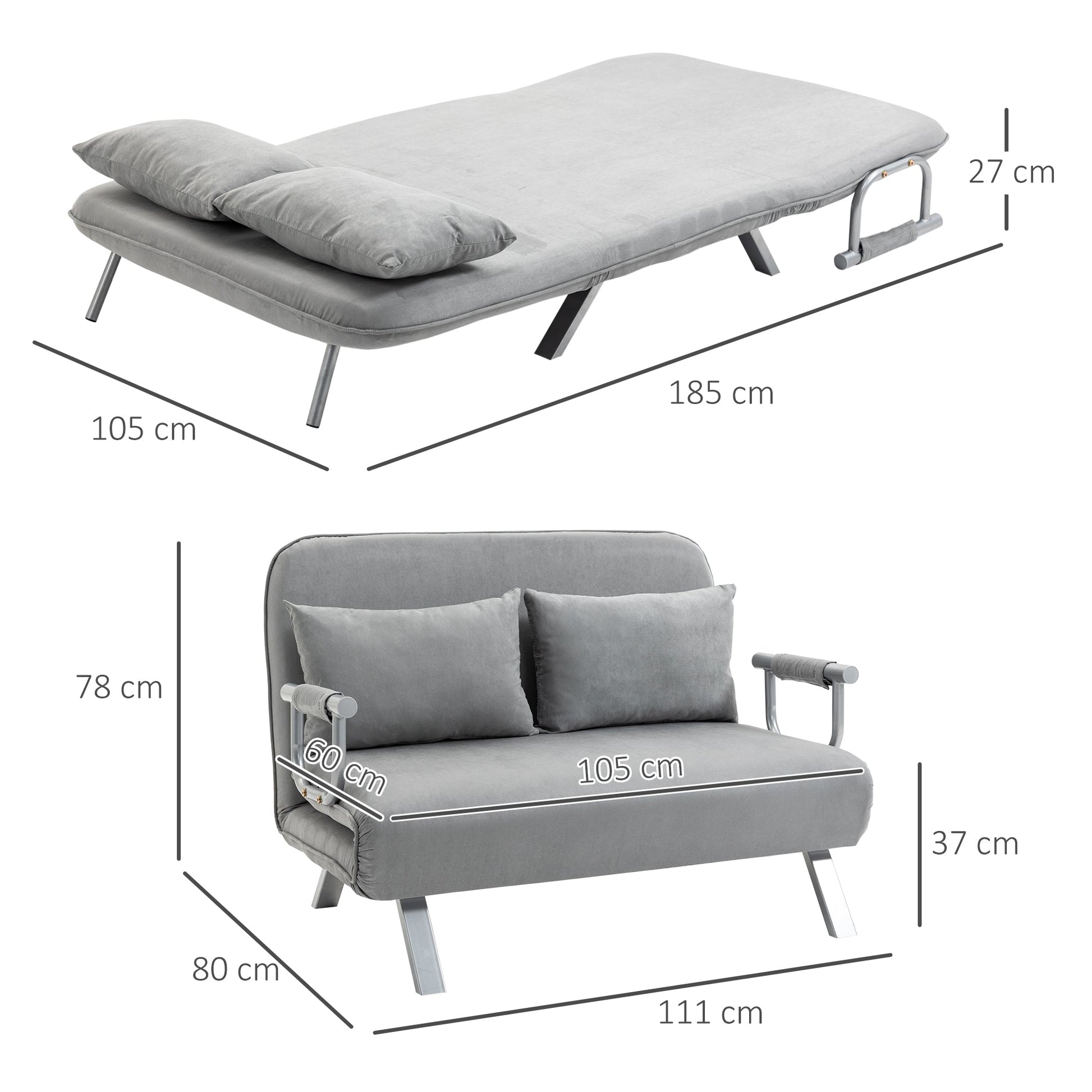 Two-Seater Click-Clack Sofa Bed - Light Grey-2