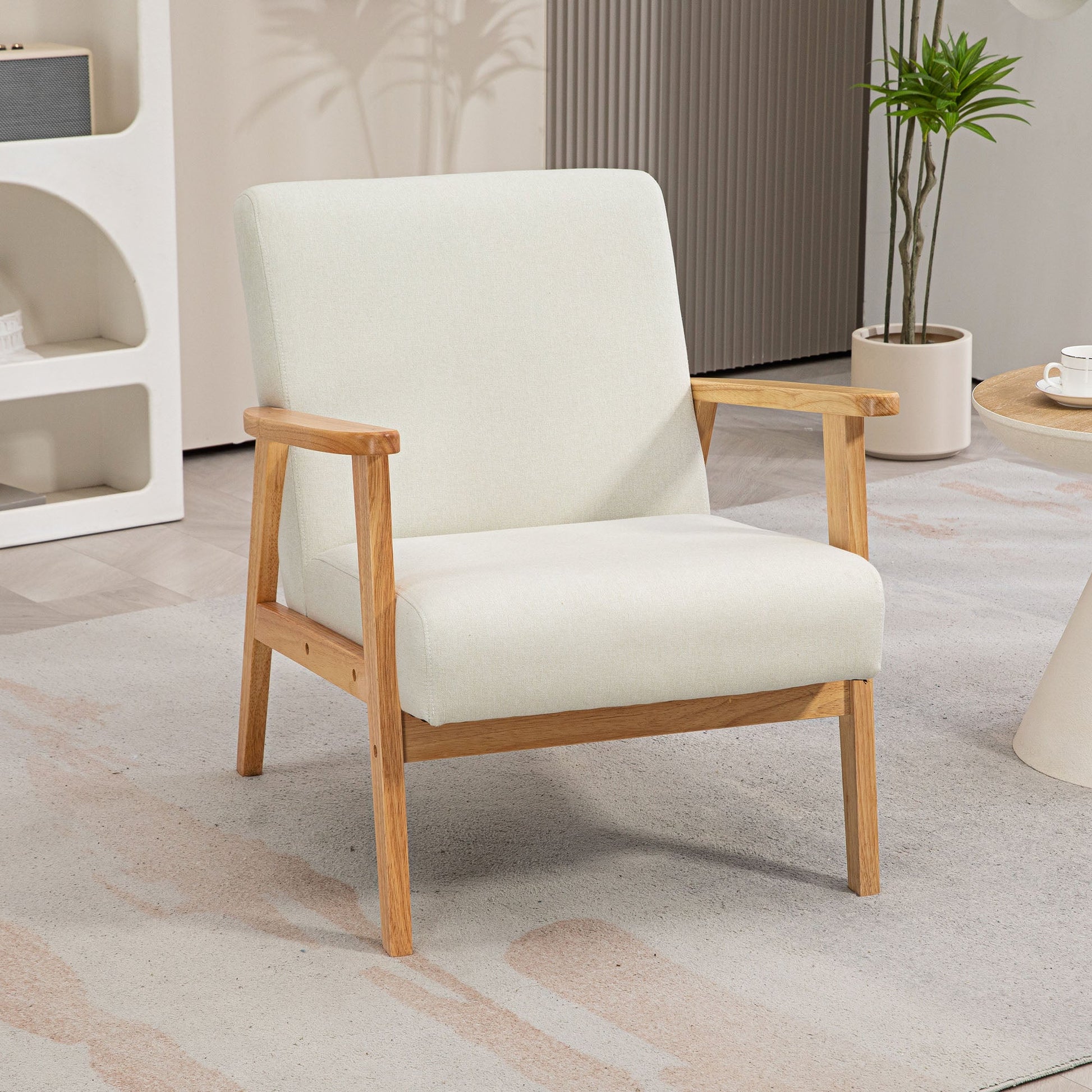 Fabric Accent Chair for Living Room, Arm Chair with Rubber Wood Frame and Padded Cushion, Cream White-1