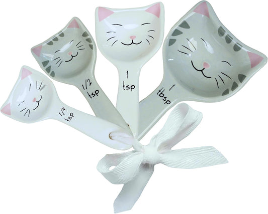 Cat Measuring Spoons - Cute Measuring Spoons Set w/Ribbon- Cat Kitchen Accessories for Cat Baking Supplies - Ceramic Measuring Spoons Set - Cat Themed Kitchen Items- Baking Gifts for Women (Set of 5)