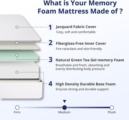 Queen 10 Inch Green Tea Memory Foam Mattress Comfort-2