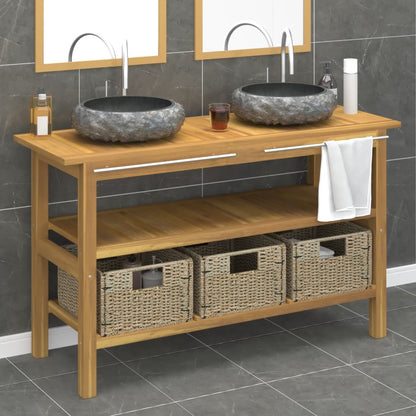 vidaXL Bathroom Vanity Cabinet with Black Marble Sinks Solid Wood Teak-2