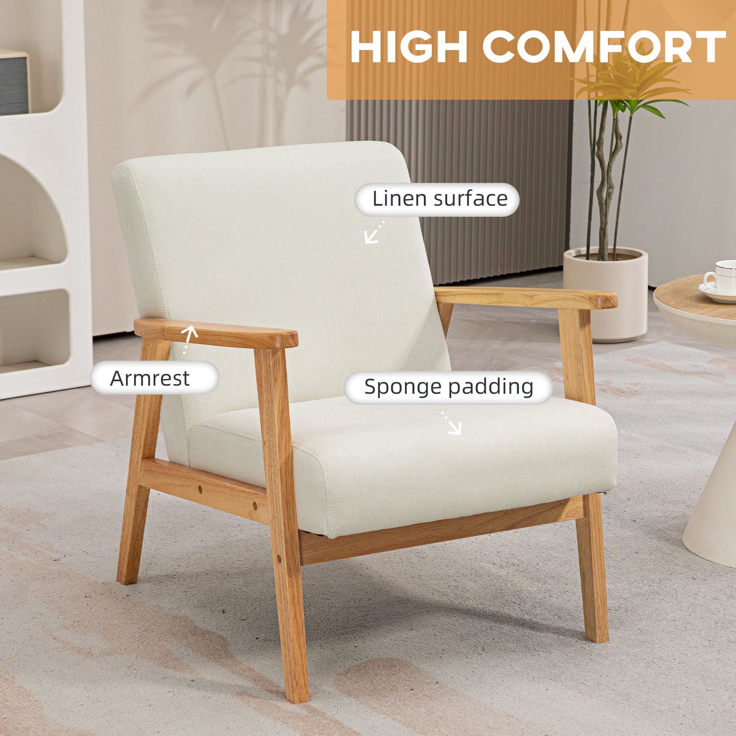 Fabric Accent Chair for Living Room, Arm Chair with Rubber Wood Frame and Padded Cushion, Cream White-3