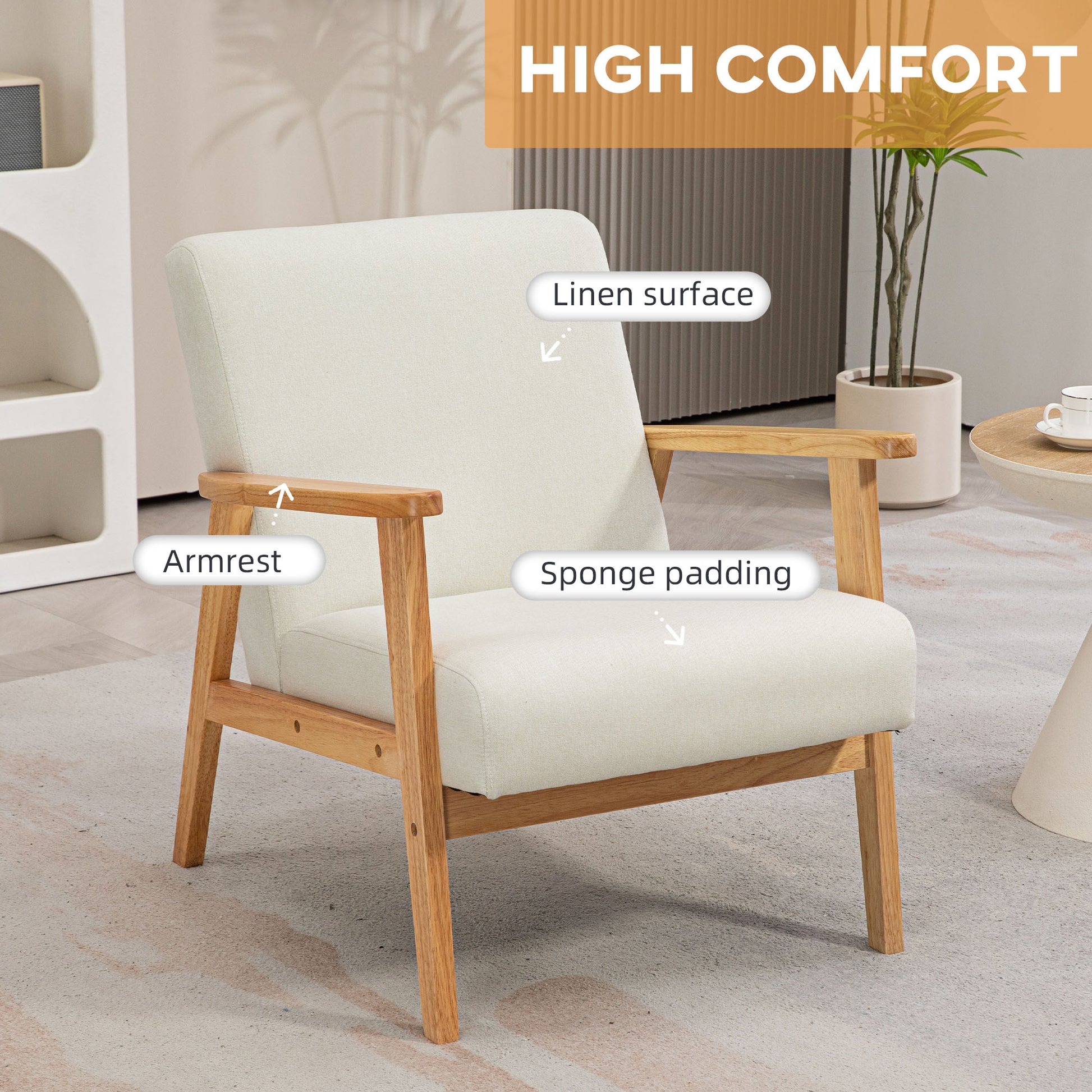 Fabric Accent Chair for Living Room, Arm Chair with Rubber Wood Frame and Padded Cushion, Cream White-3
