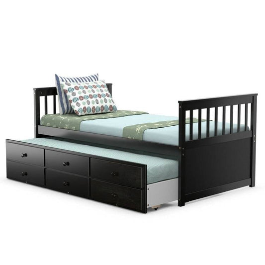Twin Captains Bed with Pull Out Trundle and 3 Storage Drawers - Dark Brown Mocha-0