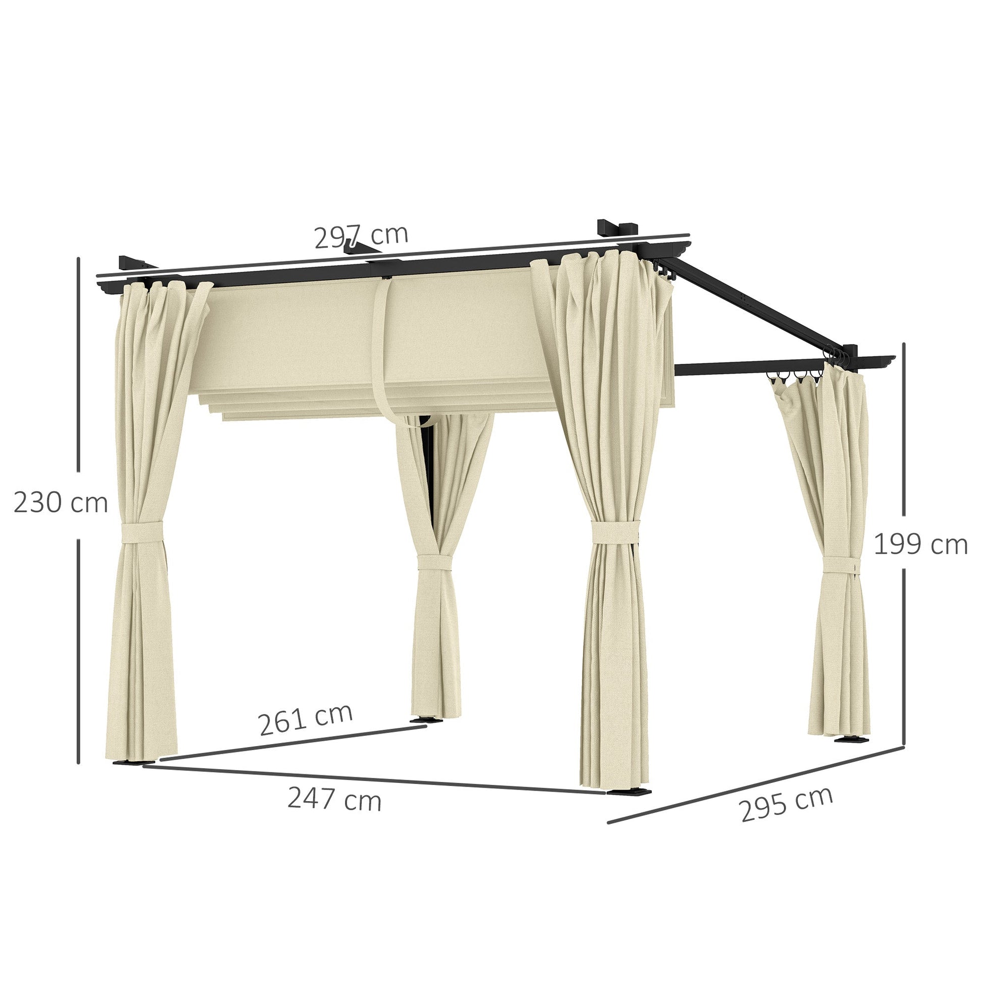 3 x 3 Metre Retractable Roof Pergola with Curtains - Beige-2