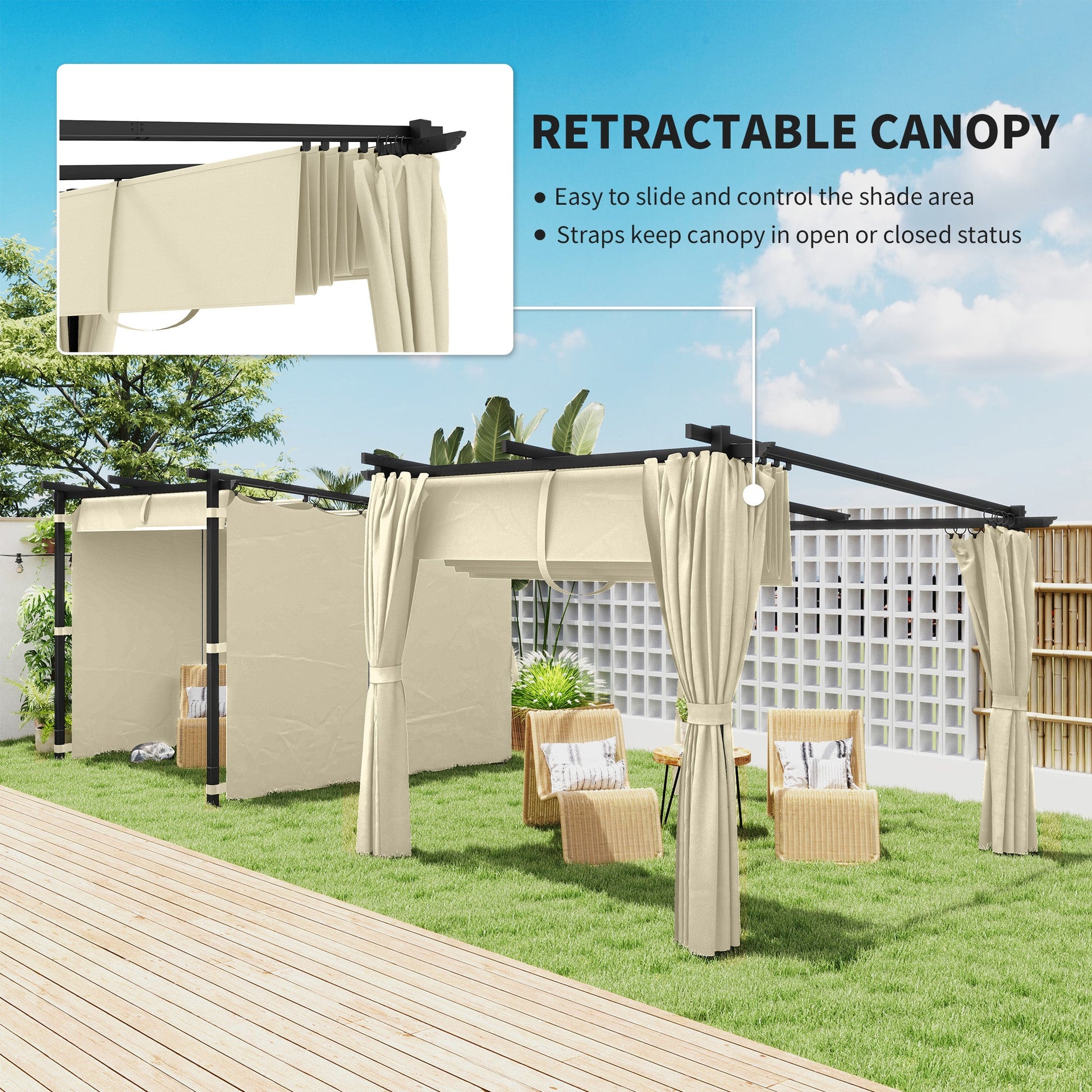 3 x 3 Metre Retractable Roof Pergola with Curtains - Beige-3