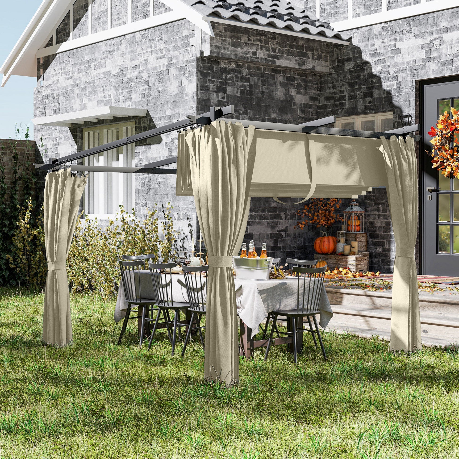 3 x 3 Metre Retractable Roof Pergola with Curtains - Beige-1