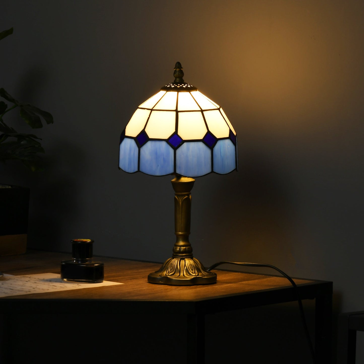 Handmade Stained Glass Table Lamp, Antique Bedside Lamp for Bedroom, Living room, Home, Nightstand, Decorative Night Light, Blue-1