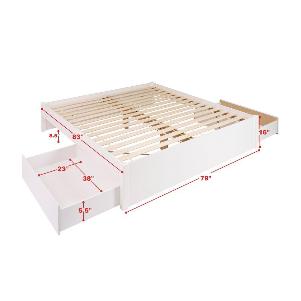 King Size 4 Drawer Storage White Wooden 4 Post Platform Bed  Frame-4