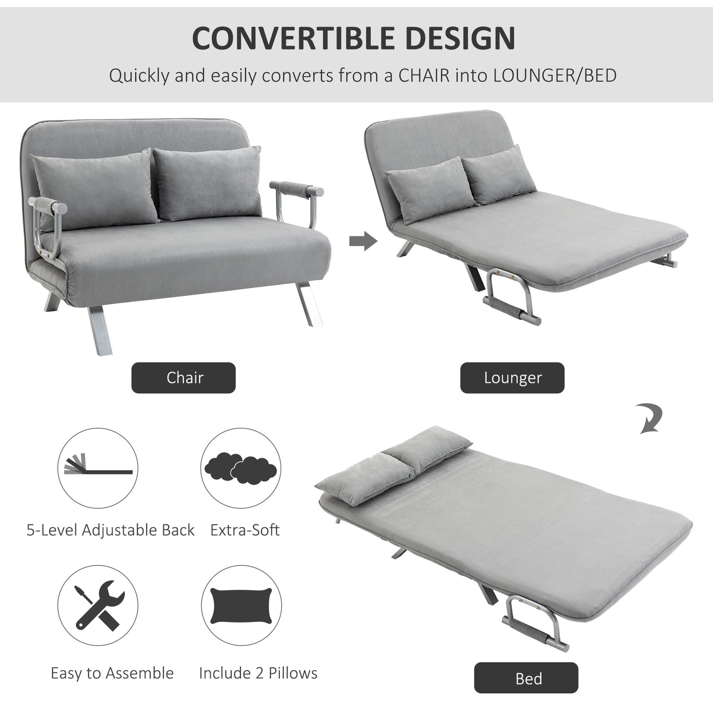 Two-Seater Click-Clack Sofa Bed - Light Grey-3