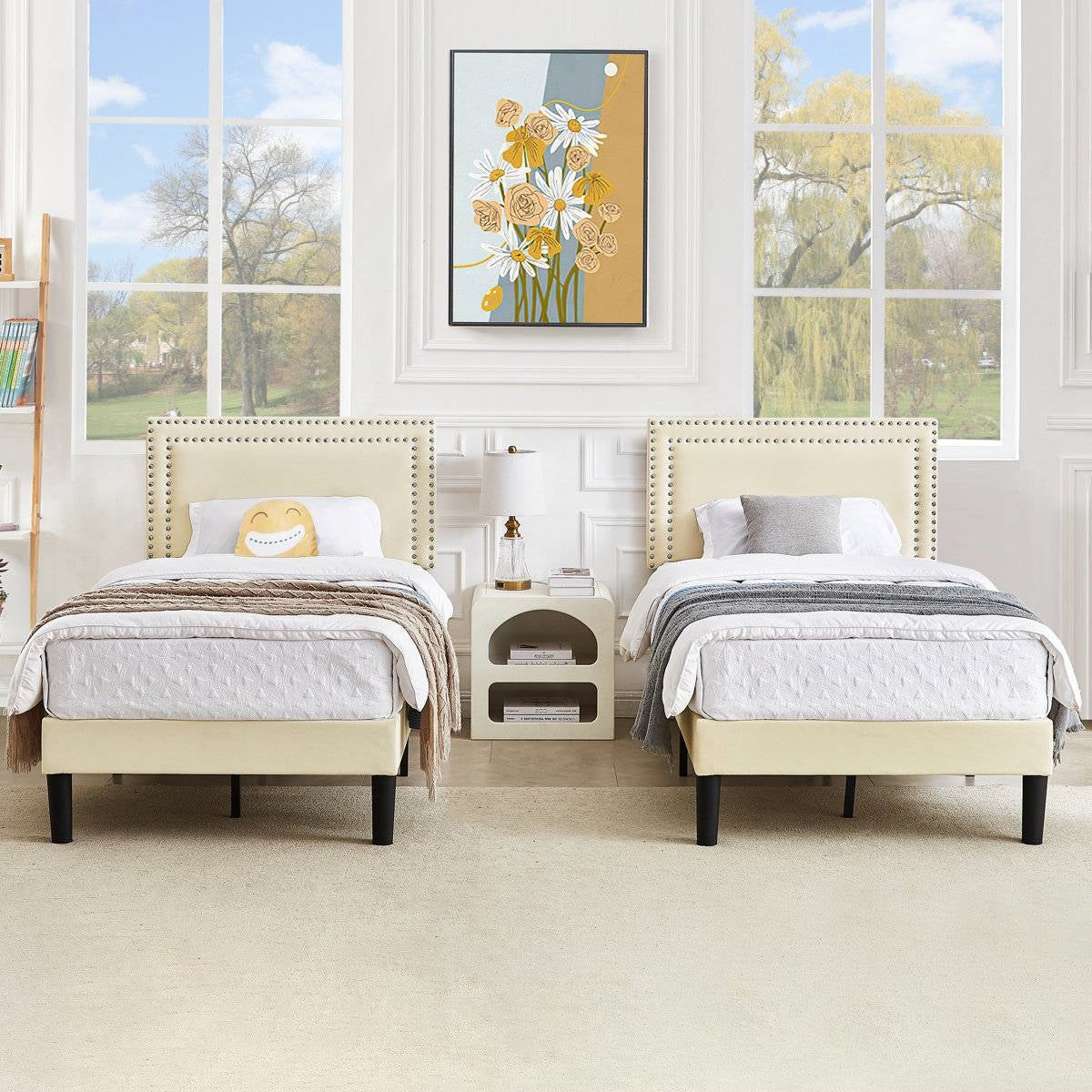 Twin Size - Set of 2  - Dorm Style Beige Tufted Upholstered Platform Beds-1