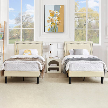 Twin Size - Set of 2  - Dorm Style Beige Tufted Upholstered Platform Beds-1