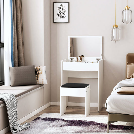 Dressing Table Set Padded Stool Dresser with Flip-up Mirror Multi-purpose - White-0
