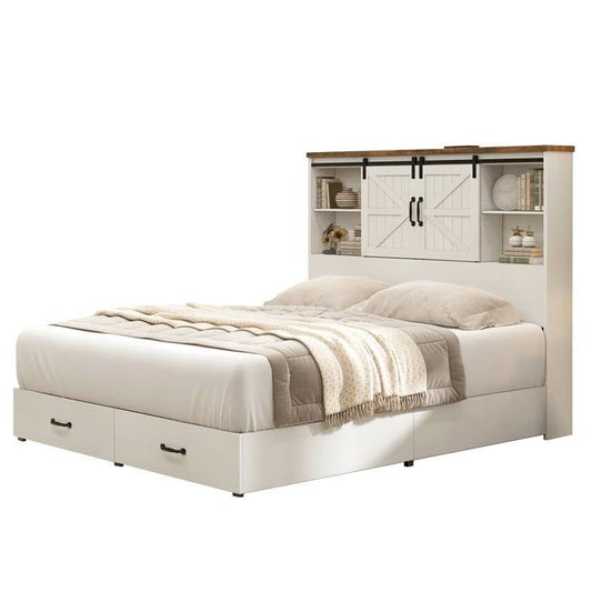 Full White Farmhouse Platform Bed with Bookcase Headboard and Storage Drawers-0