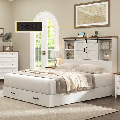 Full White Farmhouse Platform Bed with Bookcase Headboard and Storage Drawers-1