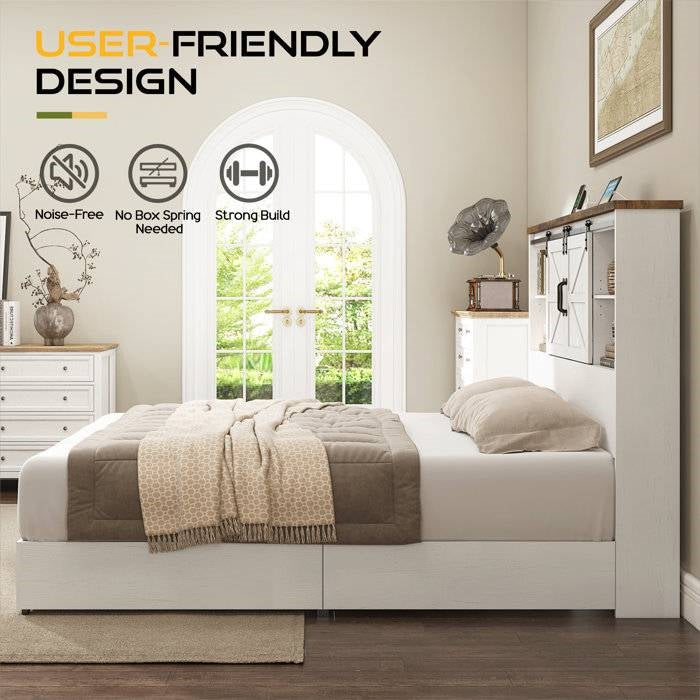 Full White Farmhouse Platform Bed with Bookcase Headboard and Storage Drawers-2