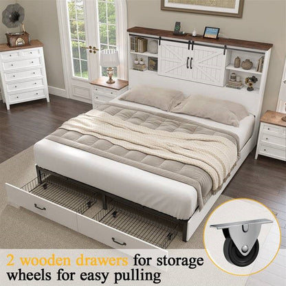 Full White Farmhouse Platform Bed with Bookcase Headboard and Storage Drawers-3