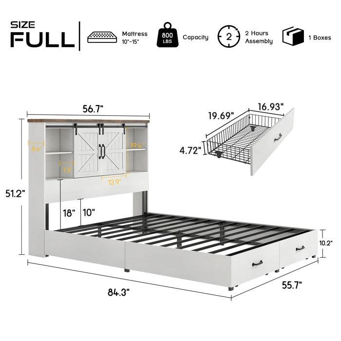Full White Farmhouse Platform Bed with Bookcase Headboard and Storage Drawers-4