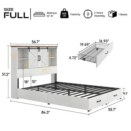 Full White Farmhouse Platform Bed with Bookcase Headboard and Storage Drawers-4