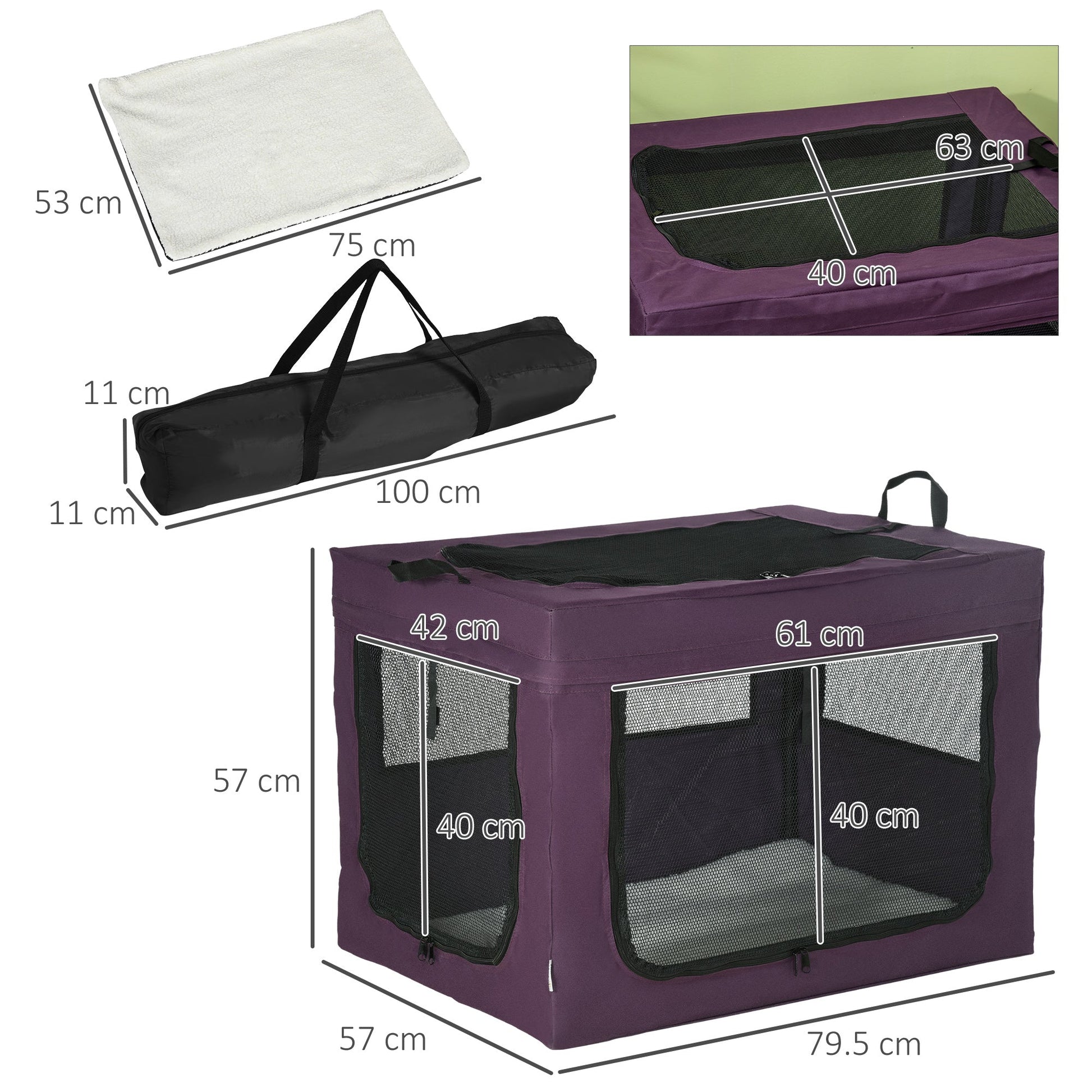 Pet Carrier Portable Cat Carrier Foldable Dog Bag for Small and Medium Dogs, 79.5 x 57 x 57 cm, Purple-2