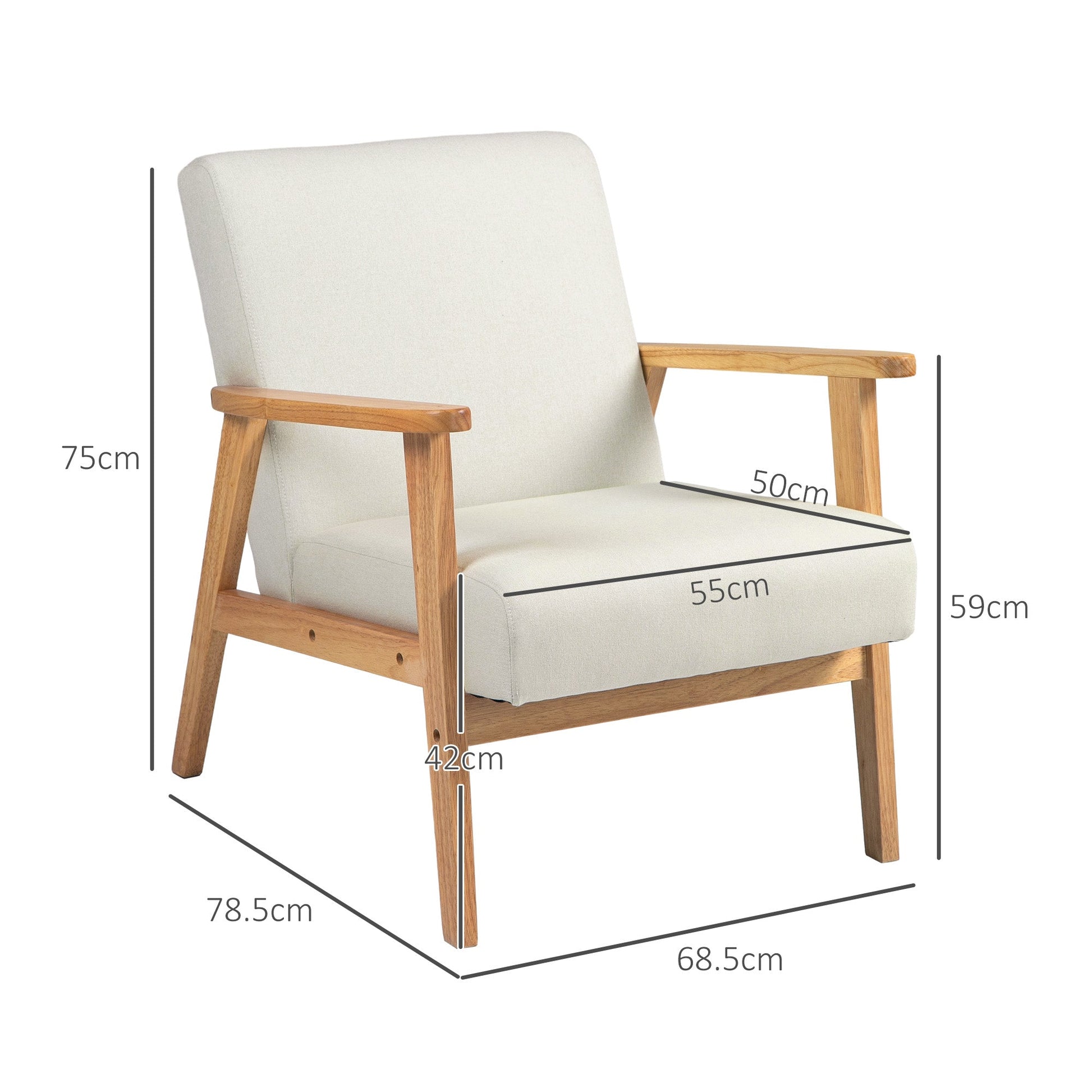Fabric Accent Chair for Living Room, Arm Chair with Rubber Wood Frame and Padded Cushion, Cream White-2