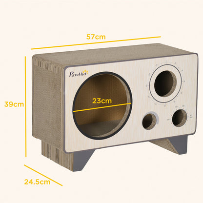 2 in 1 Cat Scratcher, Radio Shape Cat House with Catnip, 57 x 24.5 x 39cm, Natural Wood Finish-2